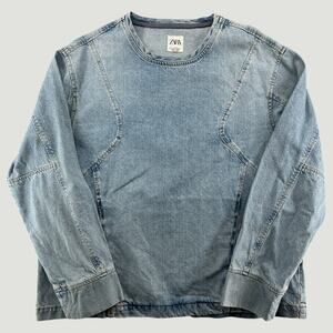 Zara Blue Denim Long Sleeve Top Womens L Structured Seam Crewneck Cotton